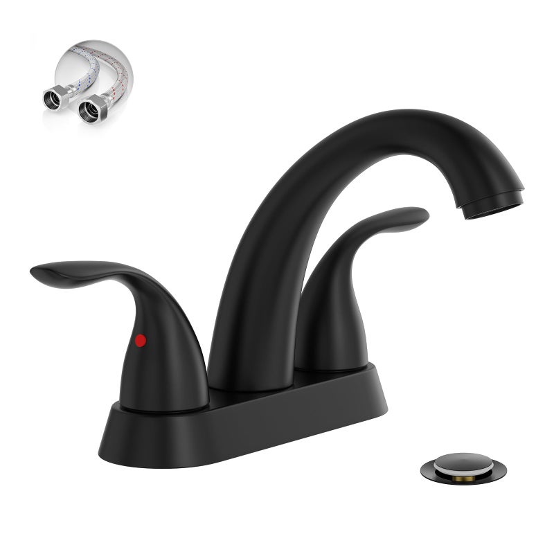 Phiestina 4 Inch 2 or 3 Holes 2 Handles Centerset Matte Black Lead-Free Bathroom Sink Faucet, Bathroom Faucet with Copper Pop Up Drain and Water Supply Lines, BF008-5-MB - Image 1